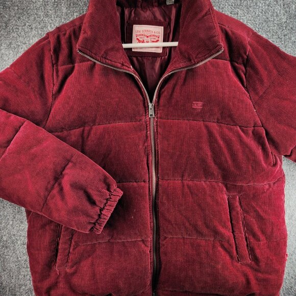 Levi’s Zoe Corduroy Puffer Jacket Maroon Red Soft Textured Corded Full Zip XL - Picture 1 of 16